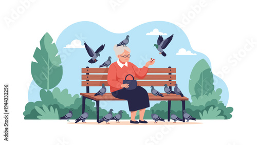 Elderly woman sitting on a wooden park bench and feeding a flock of pigeons under a clear blue sky with fluffy white clouds.