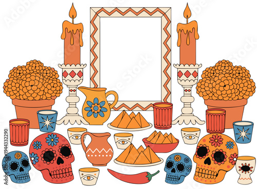 Day of the Dead altar vector illustration, Día de los Muertos poster set, day dead with skull on white background. Halloween costume. Cartoon vector illustration. Holiday Muertos