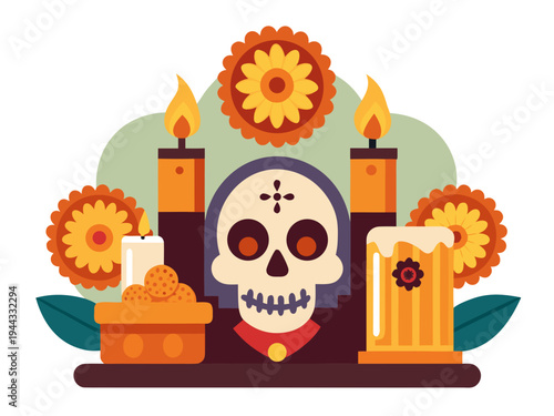 Day of the Dead altar vector illustration, Día de los Muertos poster set, day dead with skull on white background. Halloween costume. Cartoon vector illustration. Holiday Muertos