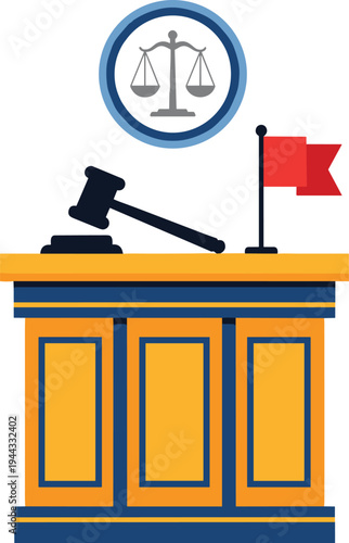 Courtroom Judge Bench with Gavel and Justice Scale Symbol Legal System Law Court Illustration