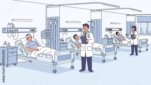 Professional doctors attending to patients resting in beds within a modern hospital ward equipped with medical monitoring devices.