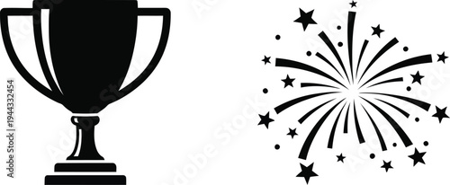 Victory silhouette graphic with trophy and fireworks explosion on a white background
