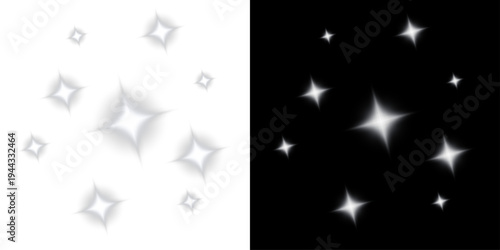 Group of brilliant white glowing stars with radiant light flares and silver sparkles isolated on a transparent background