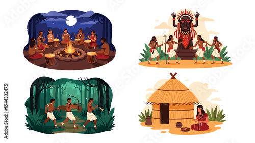 Illustrative scenes of indigenous tribal life featuring hunting, dancing around a fire, rituals, and domestic activities near huts.