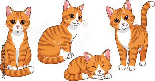 Cute Ginger Cat Set with Sitting Standing and Sleeping Domestic Kitten Poses Cartoon Pet Animal Vector Illustration