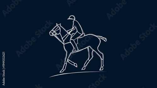 Minimalist white line art of an equestrian rider on a dark navy background ideal for polo club logos luxury sports branding or minimalist wall decorations.
