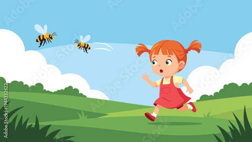Scared little girl running across a green grassy field trying to escape from two large bees flying right behind her.