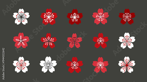 Elegant red and white sakura flower symbols on a dark charcoal background perfect for Japanese restaurant branding luxury packaging or oriental wall art.

