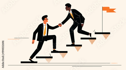 Concept illustration of two businessmen collaborating and helping each other climb stairs representing teamwork success corporate growth and mentorship.
