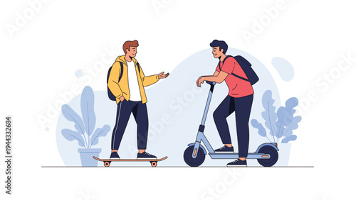 Two male friends chatting outdoors while one stands on a skateboard and the other rests on an electric kick scooter.