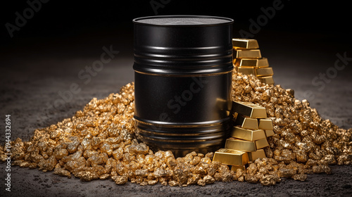 Black barrel stands tall amid golden coins and bars