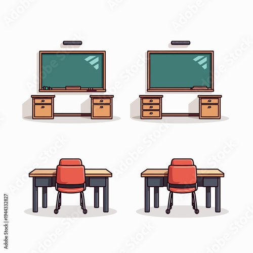 classroom interior desks chalkboard learning environment isolated on white background designed for vector graphics, user interface elements, presentation visual