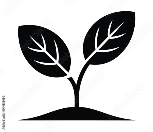 Plant Sprout Silhouette with Two Leaves Simple Black Icon