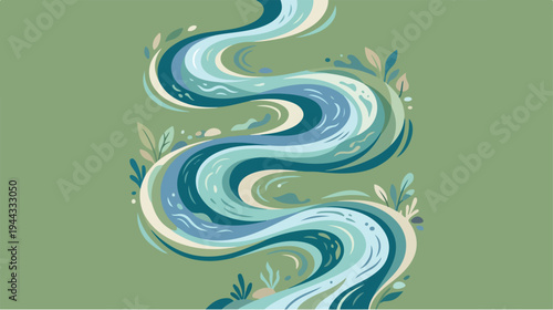 Abstract flowing river illustration with artistic watercolor effect and leaves.