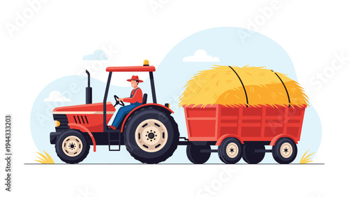 Red farm tractor driven by a farmer pulling a large trailer filled with a huge pile of golden yellow harvested hay.