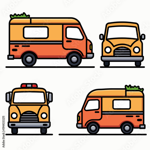 Set of vibrant flat illustrations featuring food trucks and catering vans for mobile business branding, street food festival posters, or delivery apps.

