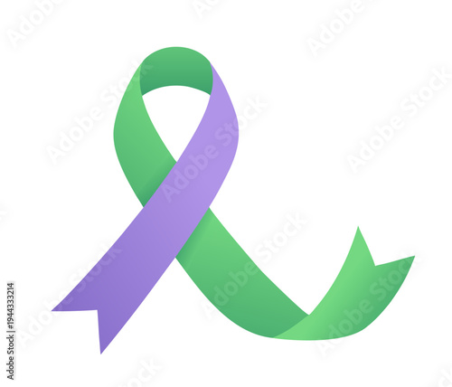 Green and purple anal cancer awareness ribbon with extended curved tail, vector isolated on transparent background