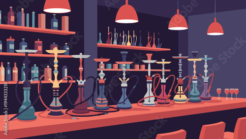 Dimly lit interior of a modern hookah lounge featuring many colorful shisha pipes lined up on a bar counter with shelves.