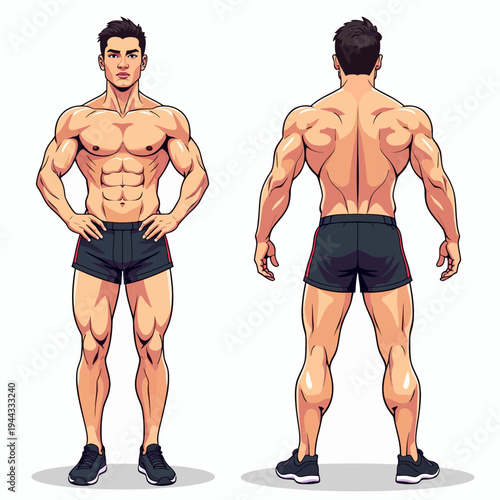 Detailed character design showing front and back views of a muscular male athlete for fitness branding, video game development, or anatomical art study.
