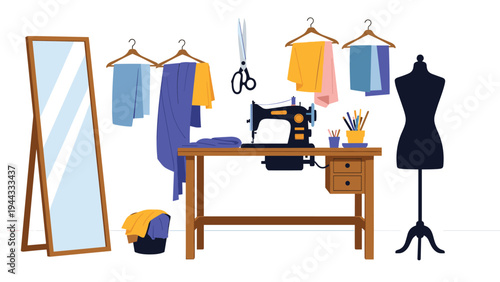 Well organized sewing workshop with a sewing machine, fabrics, mannequin, large mirror, and various tailoring tools.