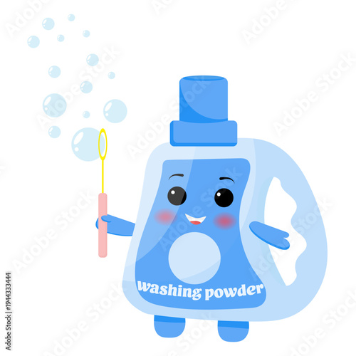 Cute cartoon washing powder bottle character with magic wand and bubbles. Happy blue detergent mascot illustration on white background.