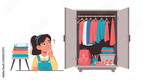 Young girl looking thoughtfully at her open wardrobe and a pile of clothes while deciding what outfit to wear today.