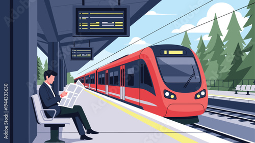 Modern red commuter train arriving at a clean station platform where a businessman sits and reads a newspaper.