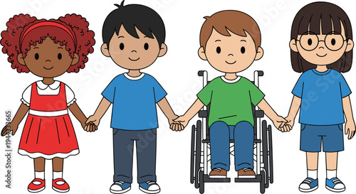 Diverse Children Holding Hands Including Kid in Wheelchair, Friendship Inclusion Equality and Disability Awareness Illustration