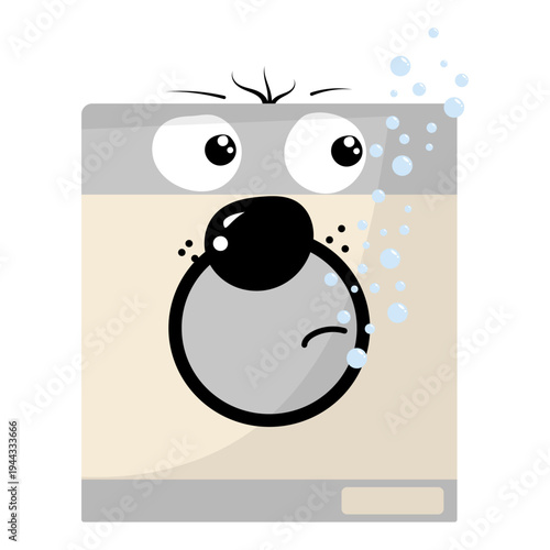 Cute sad cartoon washing machine character with angry eyes and bubbles. Funny anthropomorphic appliance illustration on white background.