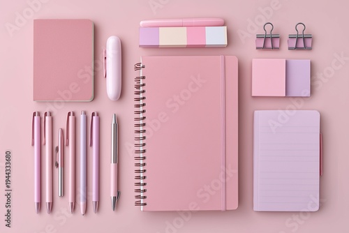 パステルピンクのノートと筆記用具を整列させた大人可愛い文具セット