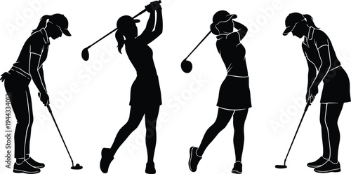 Female Golfer Silhouette Set Showing Golf Swing Drive and Putting Poses Isolated Vector Illustration Collection