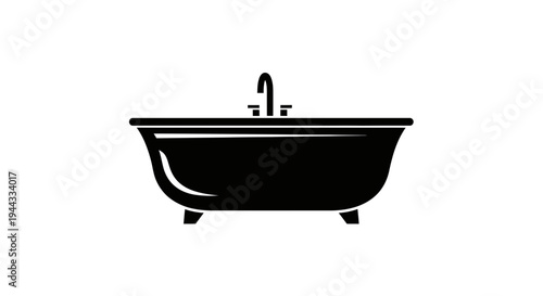 Black Bathtub Icon with Faucet, Isolated on White Background