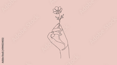 Delicate hand holding a single flower, minimalist line art.