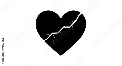 Black Broken Heart Icon with White Crack - Symbol of Sadness, Loss, and Heartbreak