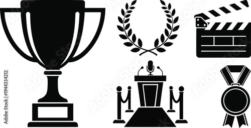 A silhouette of awards and film making icons including trophy and clapperboard