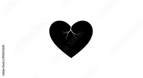 Black Broken Heart Silhouette with Cracks, Symbolizing Sadness, Loss, and Heartbreak