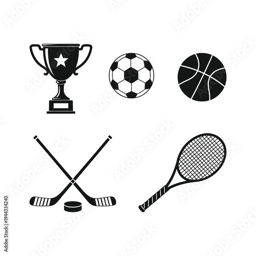 Sports icons silhouette including trophy soccer ball basketball hockey sticks and tennis racket