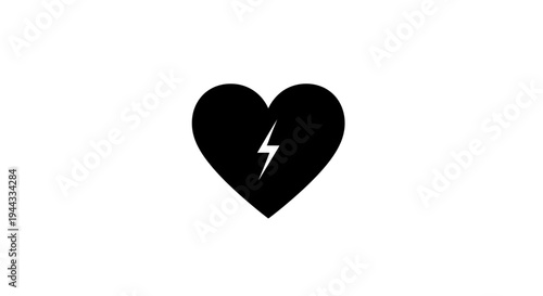 Black Broken Heart with Lightning Bolt Icon, Symbolizing Heartbreak, Sadness, and Emotional Pain