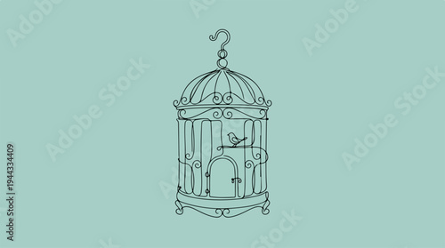 Elegant birdcage illustration on a serene teal background, artistic design.