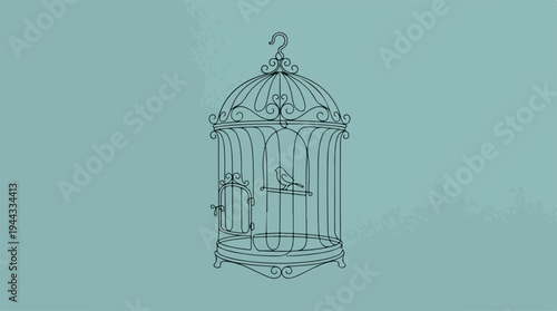 Elegant birdcage illustration on a serene teal background, artistic design.