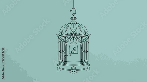 Elegant birdcage illustration with a small bird inside, hanging from above.
