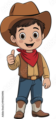 Cute cartoon cowboy kid giving thumbs up wearing hat, bandana and boots, cheerful western mascot character for children, rodeo ranch theme illustration isolated