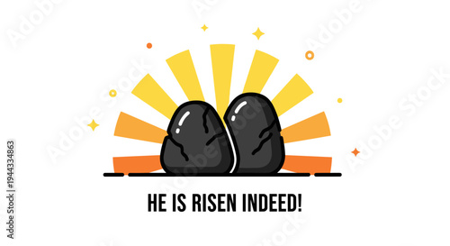 A cheerful illustration featuring two rocks and a sunburst design, styled in a modern flat aesthetic, ideal for Easter themes