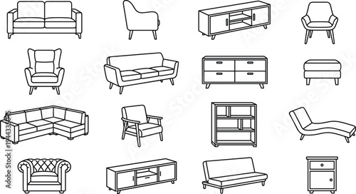 Modern living room furniture outline icon set featuring sofas armchairs cabinets shelves chaise lounge and storage units