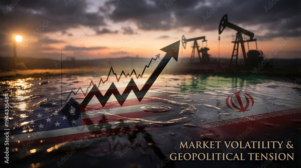 Fototapeta premium Oil drilling rigs silhouetted against sunset with financial graph and flags of US and Iran overlay representing market volatility and geopolitical tension. concept oil politics, economic sanctions