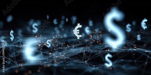 Global currency exchange and financial network concept with floating glowing dollar and euro symbols over a digital data landscape representing international banking and fintech markets