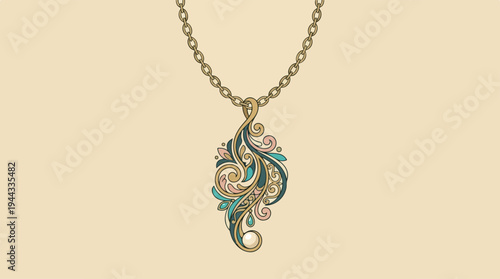 Elegant gold necklace pendant with colorful gemstones and intricate design.