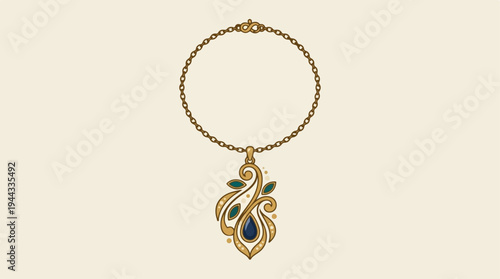 Elegant gold necklace with a beautiful pendant on a neutral background.