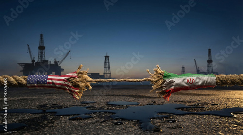 Rope with frayed ends displaying American and Iranian flags against oil rigs at sunset, concept of geopolitical rivalry, oil politics, economic sanctions, resource control, Middle East conflict