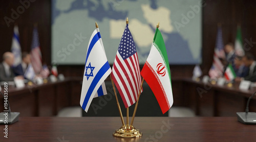 Flags of Israel, United States, and Iran displayed on a table during a diplomatic meeting in a conference room setting, concept of peace agreements, diplomacy, Middle East conflict
